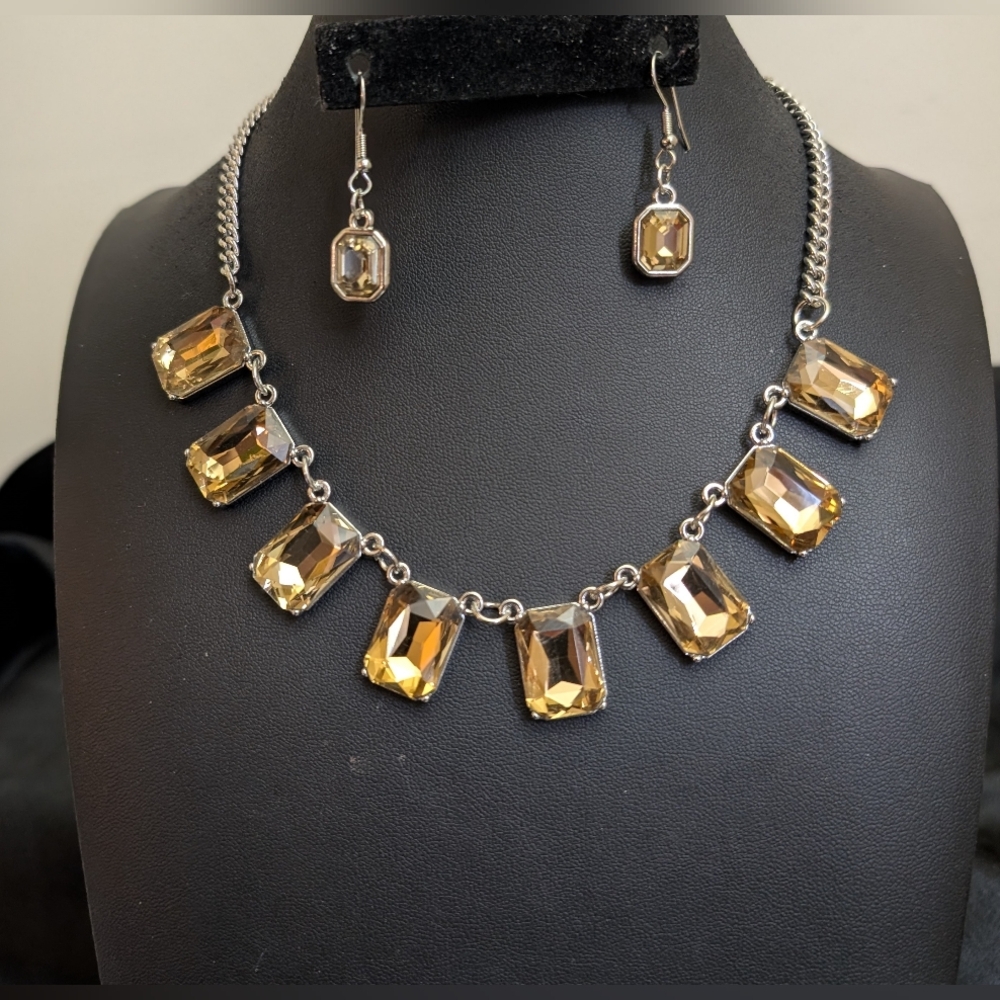 #43. Vintage Silver & Champagne Necklace & Earrings